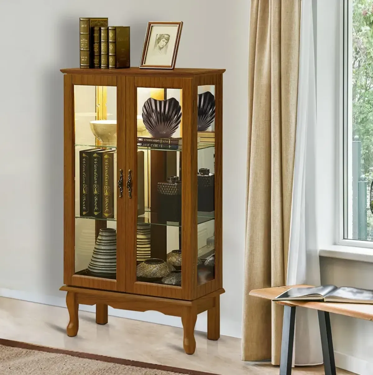 Curio Cabinet Lighted Curio Diapaly Cabinet With Adjustable Shelves And Mirrored Back Panel, Tempered Glass Doors (3 Tier), (E26 Light Bulb Not Included)