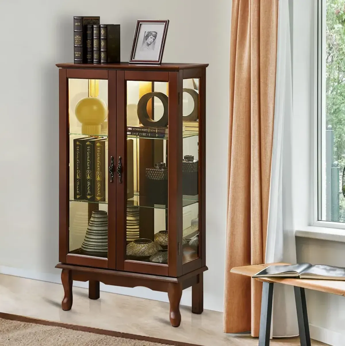 Curio Cabinet Lighted Curio Diapaly Cabinet With Adjustable Shelves And Mirrored Back Panel, Tempered Glass Doors (3 Tier), (E26 Light Bulb Not Included)