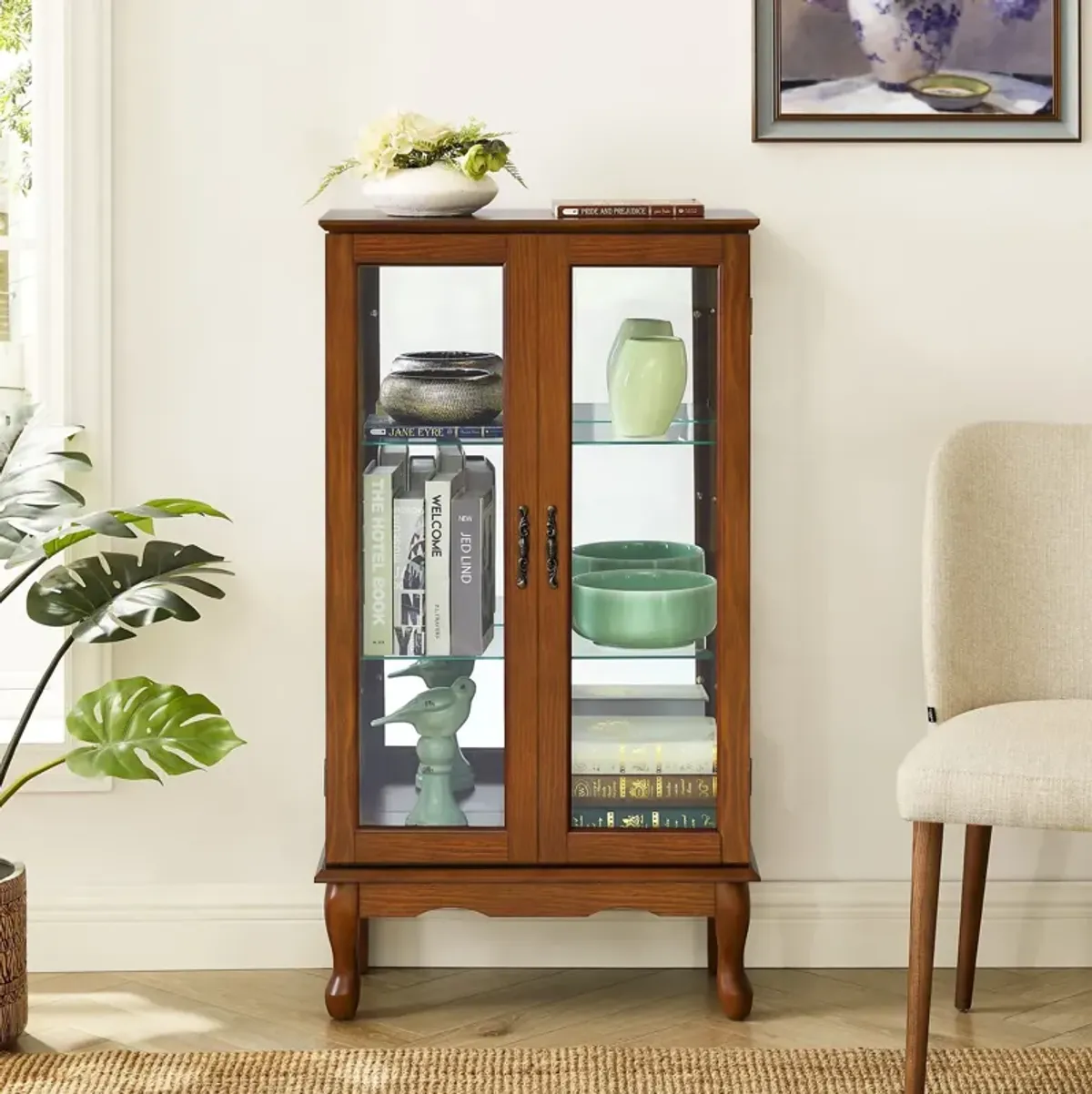 Curio Cabinet Lighted Curio Diapaly Cabinet With Adjustable Shelves And Mirrored Back Panel, Tempered Glass Doors (3 Tier), (E26 Light Bulb Not Included)