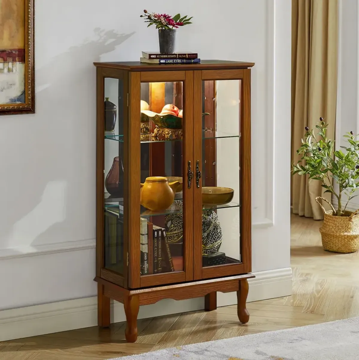 Curio Cabinet Lighted Curio Diapaly Cabinet With Adjustable Shelves And Mirrored Back Panel, Tempered Glass Doors (3 Tier), (E26 Light Bulb Not Included)