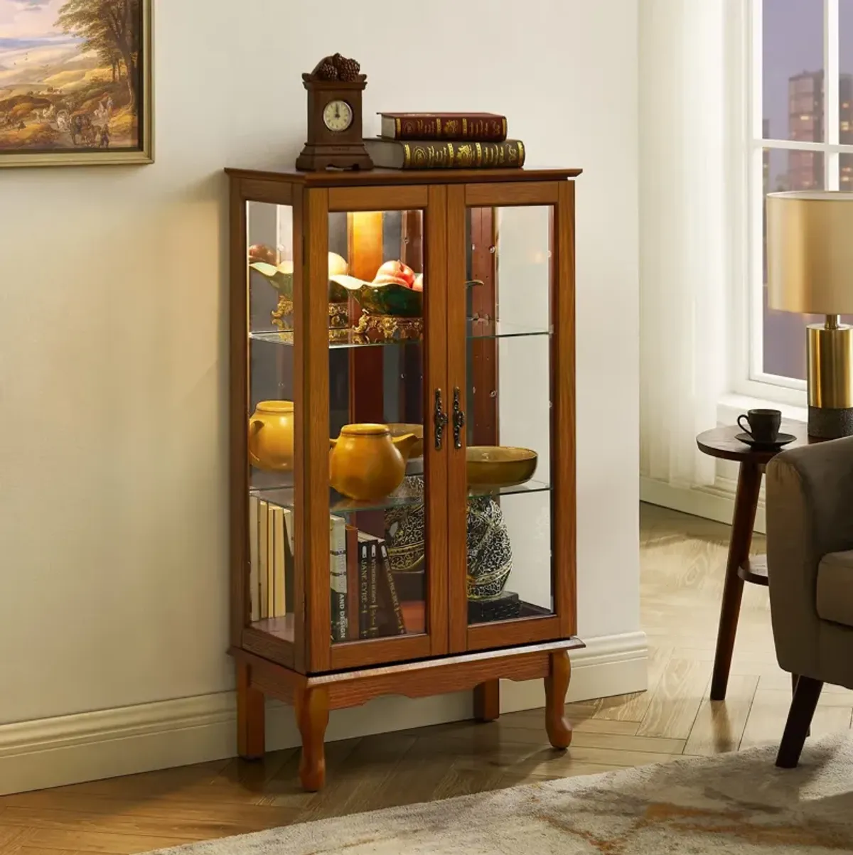 Curio Cabinet Lighted Curio Diapaly Cabinet With Adjustable Shelves And Mirrored Back Panel, Tempered Glass Doors (3 Tier), (E26 Light Bulb Not Included)