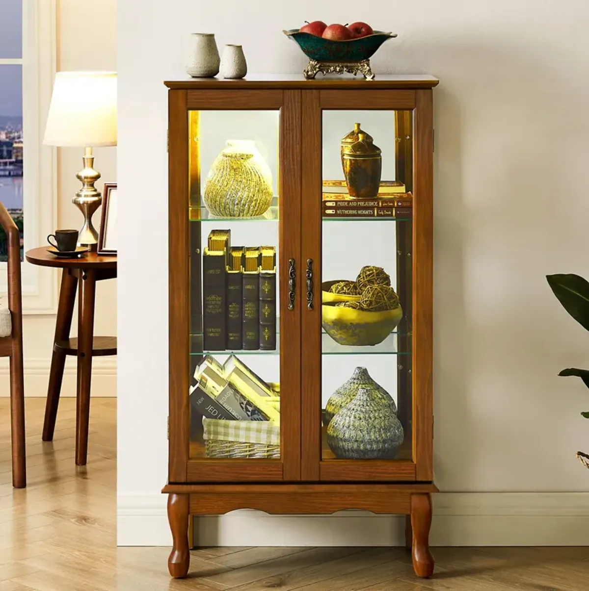 Curio Cabinet Lighted Curio Diapaly Cabinet With Adjustable Shelves And Mirrored Back Panel, Tempered Glass Doors (3 Tier), (E26 Light Bulb Not Included)