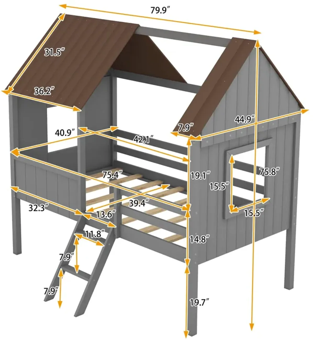 Low Loft Wood House Bed With Two Side Windows