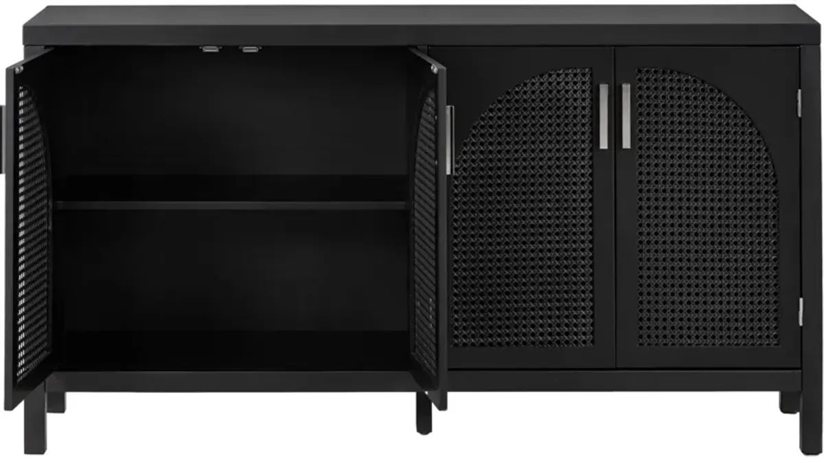 Large Storage Space Sideboard With Artificial Rattan Door And Metal Handles For Living Room And Entryway - Black