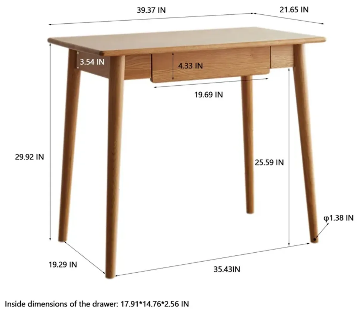 Computer Study, Work Desk Dressing Table Slim With Drawer - Oak Natural