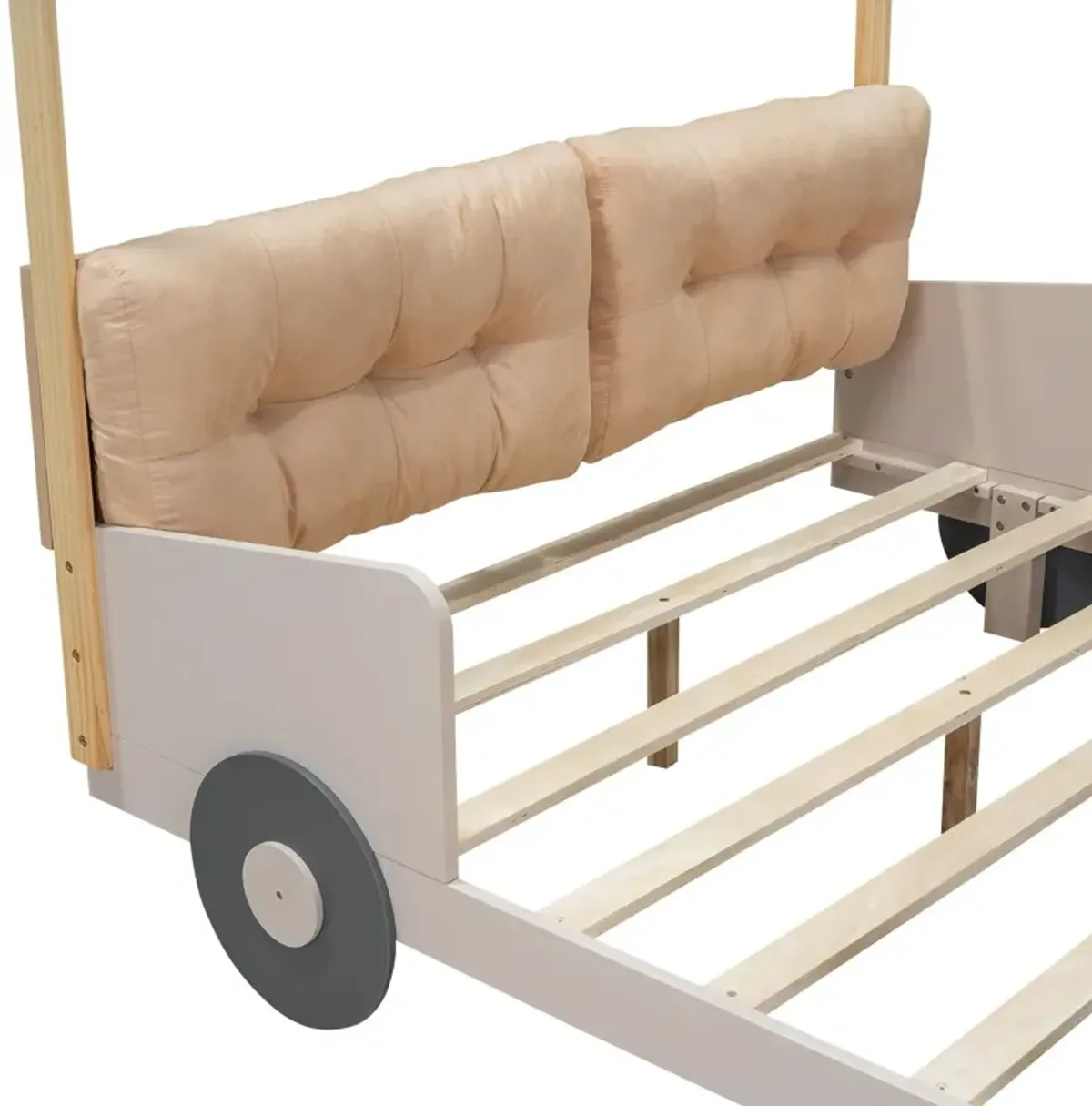 Wood Full Size Car Bed With Pillow, Ceiling Cloth And LED - Natural