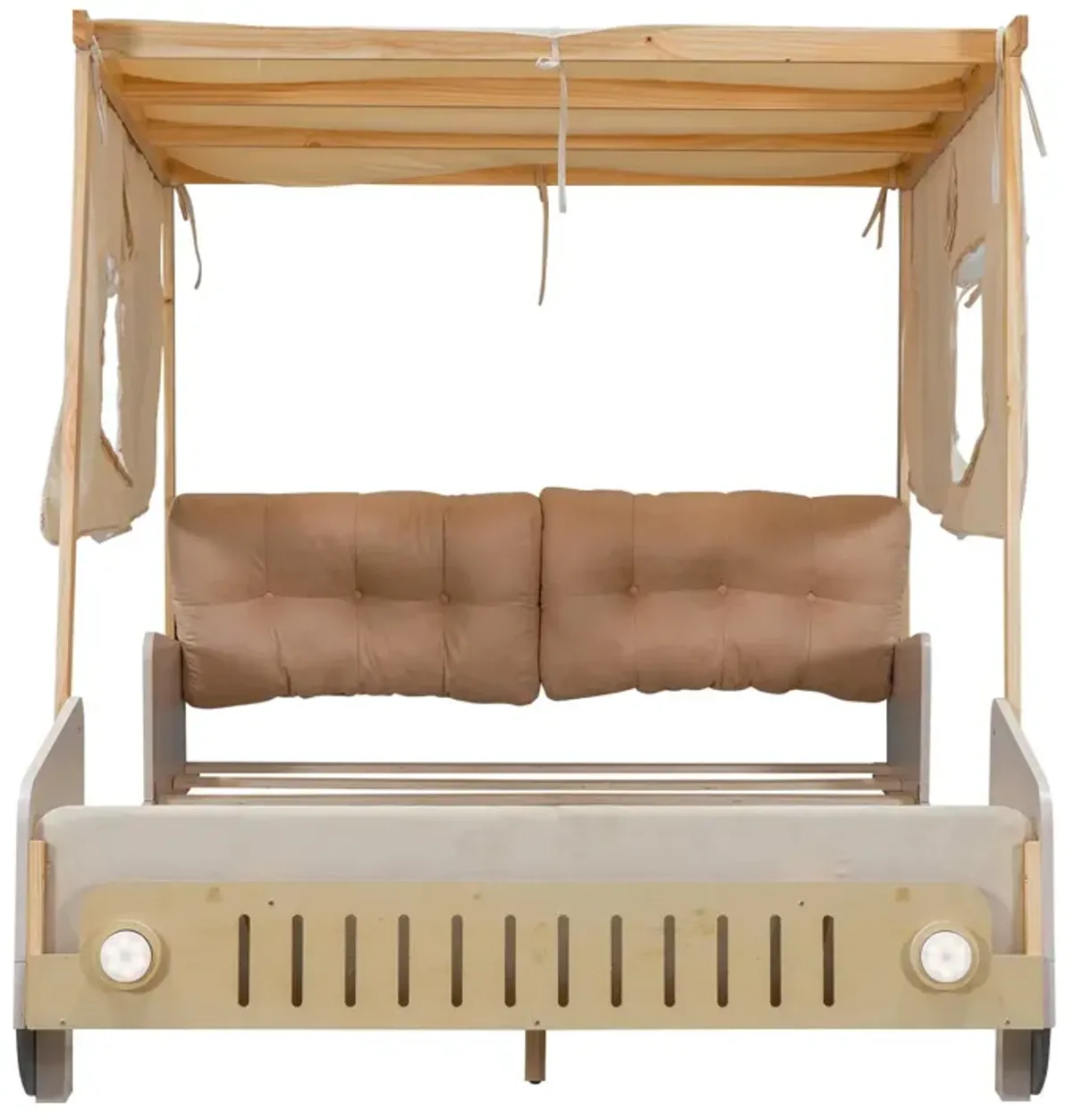 Wood Full Size Car Bed With Pillow, Ceiling Cloth And LED - Natural