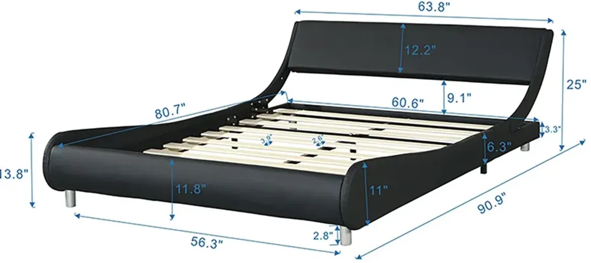 Queen Size Upholstered Platform Bed Frame, LED Lighting With Remote Controller And App, Curve Design, Wood Slat Support, No Box Spring Needed - Black