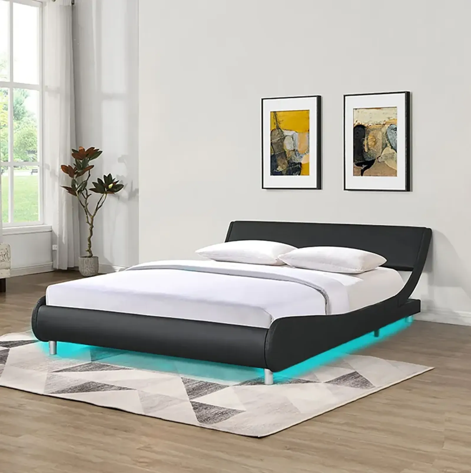 Queen Size Upholstered Platform Bed Frame, LED Lighting With Remote Controller And App, Curve Design, Wood Slat Support, No Box Spring Needed - Black