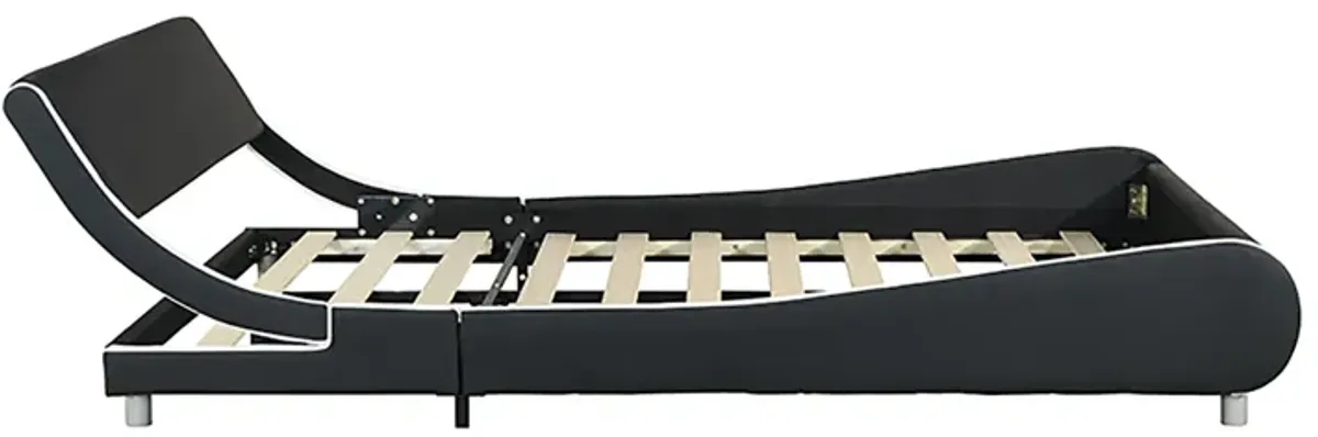 Queen Size Upholstered Platform Bed Frame, LED Lighting With Remote Controller And App, Curve Design, Wood Slat Support, No Box Spring Needed - Black / White