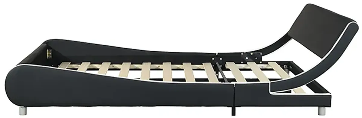 Queen Size Upholstered Platform Bed Frame, LED Lighting With Remote Controller And App, Curve Design, Wood Slat Support, No Box Spring Needed - Black / White