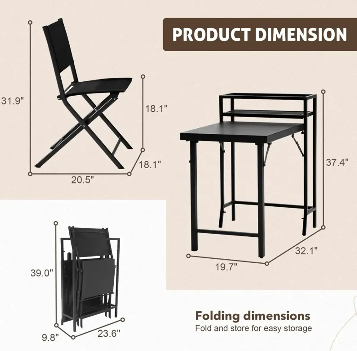 3 Piece Patio Bistro Set, Patio Set Of Foldable Patio Table And Chairs, Outdoor Patio Furniture Sets - Black