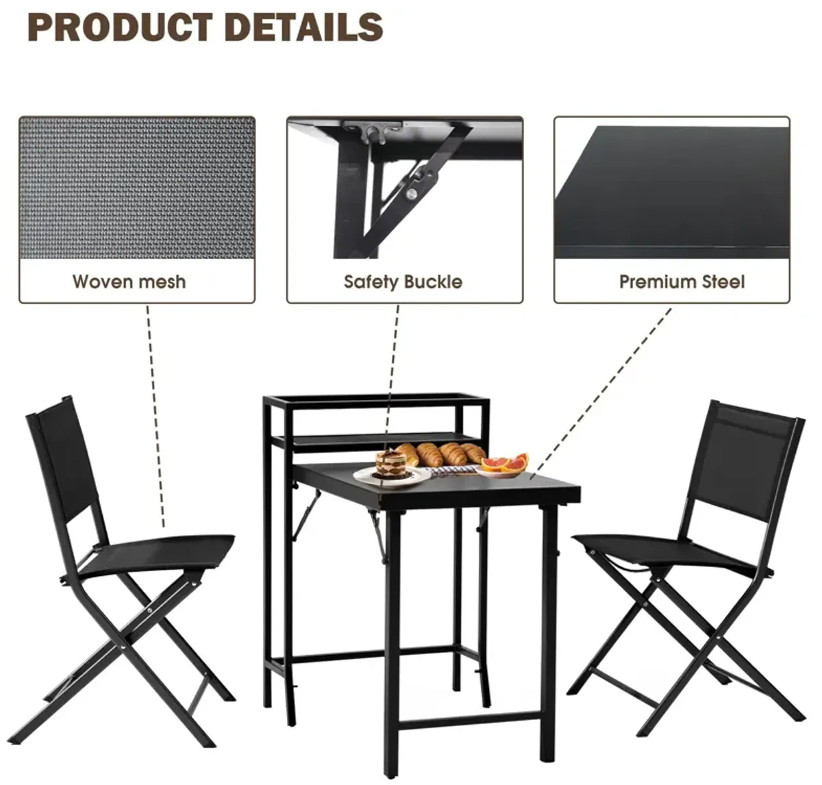 3 Piece Patio Bistro Set, Patio Set Of Foldable Patio Table And Chairs, Outdoor Patio Furniture Sets - Black