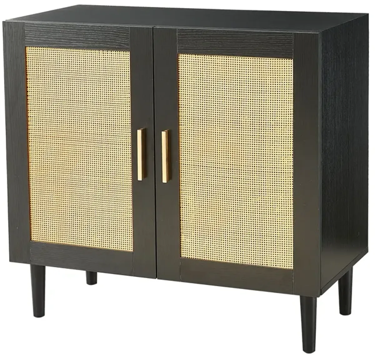 Side Panel Buffet Cabinet With Natural Rattan Door, Rattan Storage Cabinet With Adjustable Shelves, Side Panel And Buffet With Storage Space, Modern Console Cabinet In Bedroom And Living Room - Black / Beige