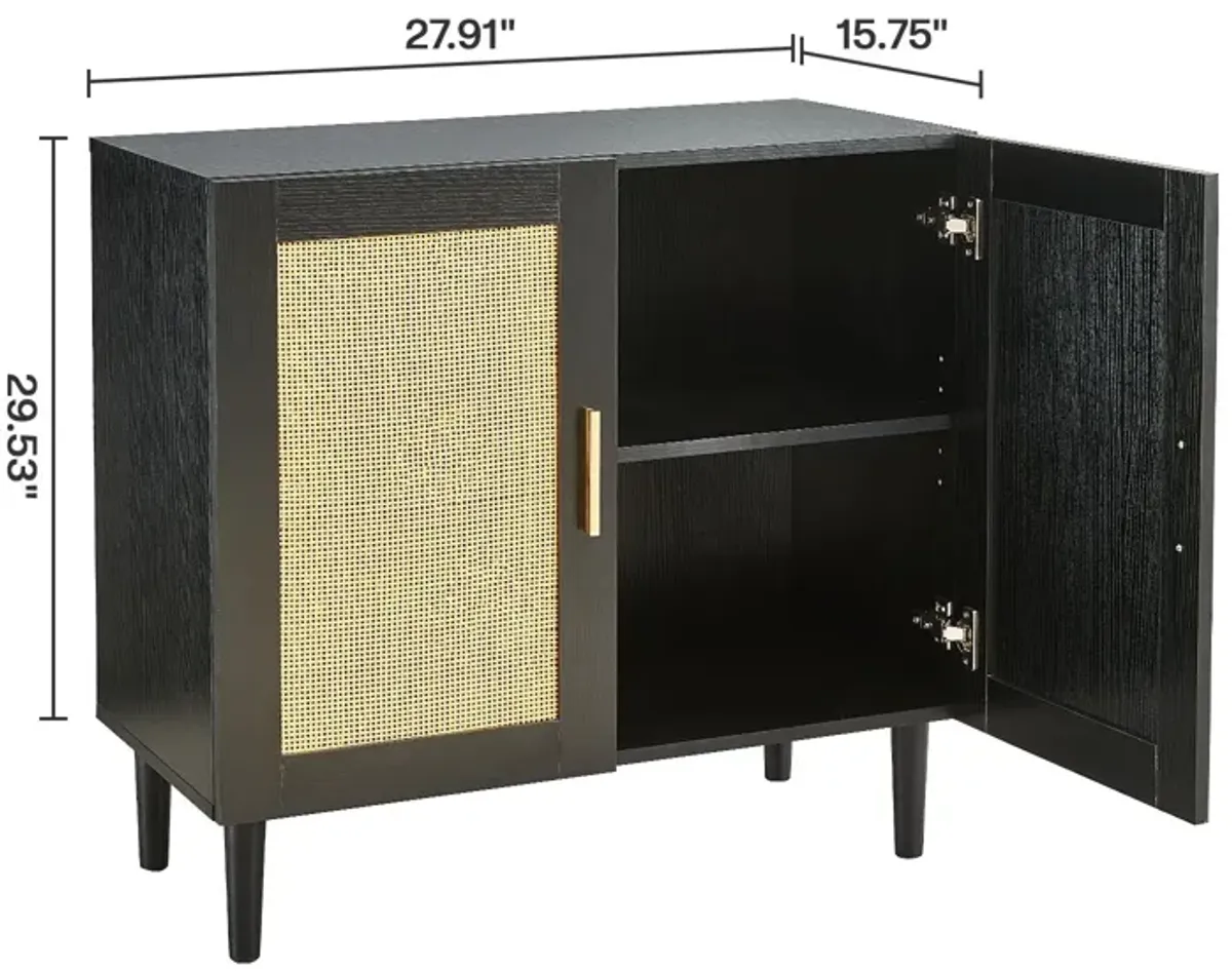 Side Panel Buffet Cabinet With Natural Rattan Door, Rattan Storage Cabinet With Adjustable Shelves, Side Panel And Buffet With Storage Space, Modern Console Cabinet In Bedroom And Living Room - Black / Beige