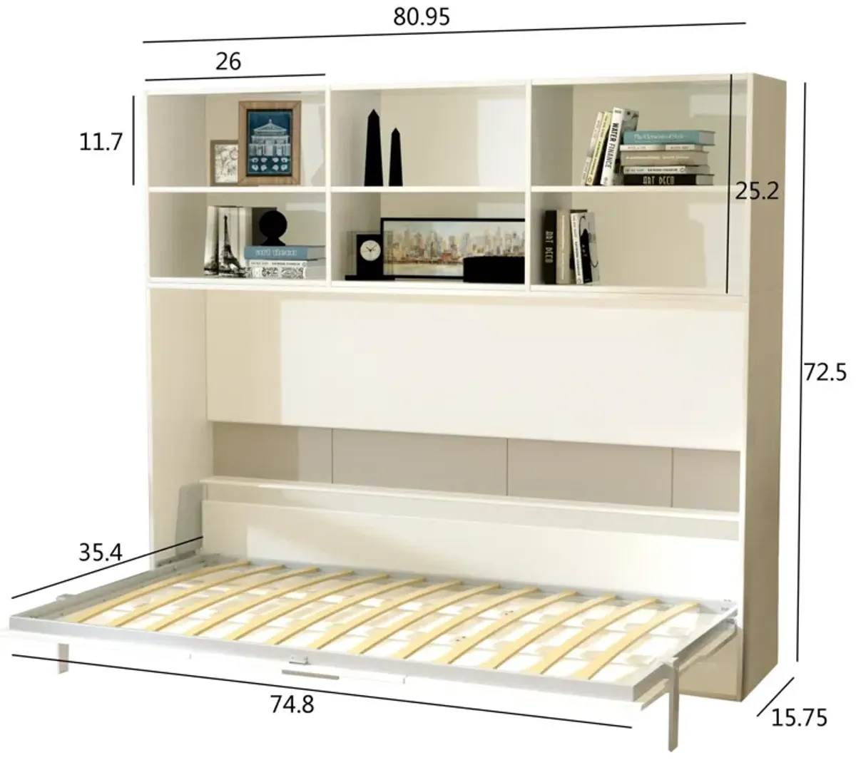 Mordern Design Twin Size Horizontal Murphy Bed With Shelf Storage For Bedroom Or Guestroom Wall Bed Space Saving Hidden Bed With New Style Gas Struts - White