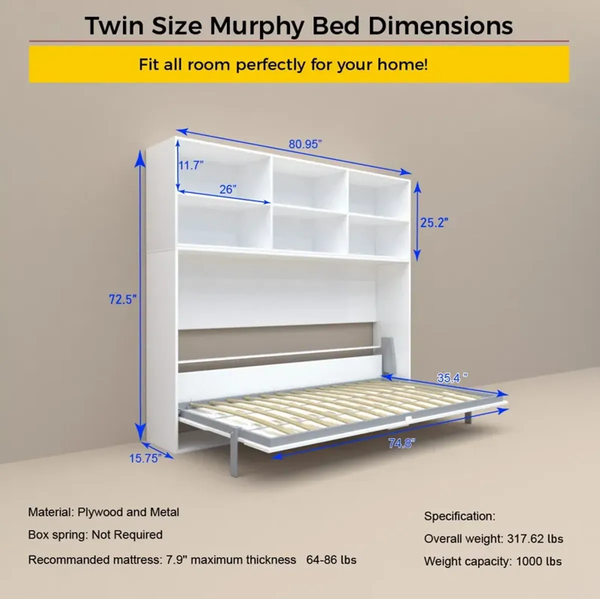 Mordern Design Twin Size Horizontal Murphy Bed With Shelf Storage For Bedroom Or Guestroom Wall Bed Space Saving Hidden Bed With New Style Gas Struts - White