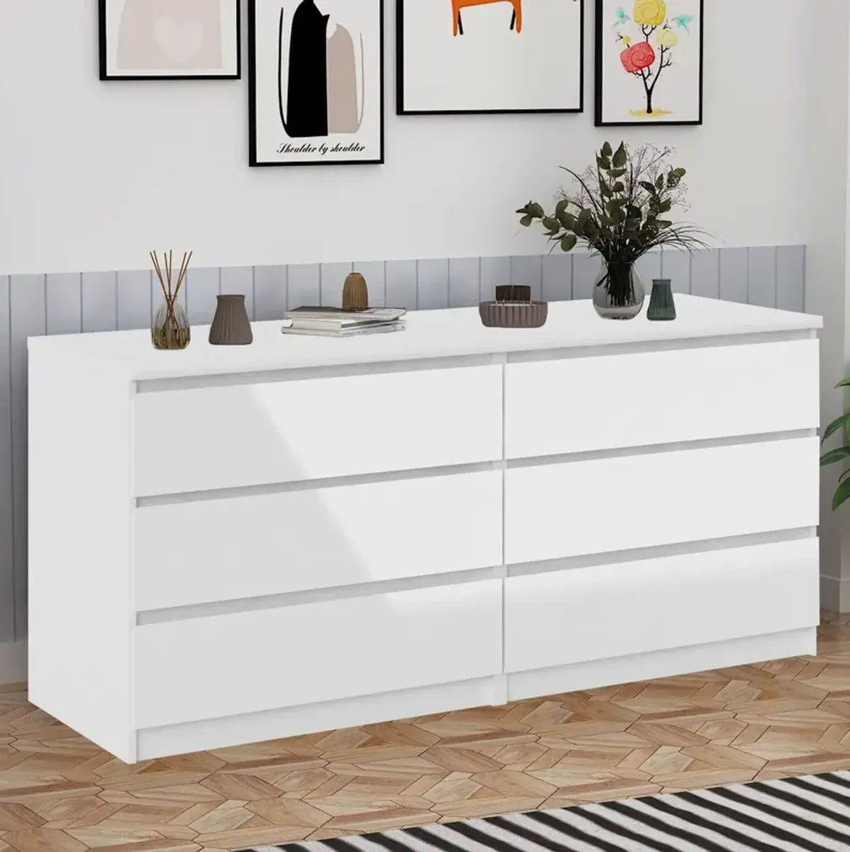 6 Drawer Double Dresser For Bedroom Living Room Hallway - White