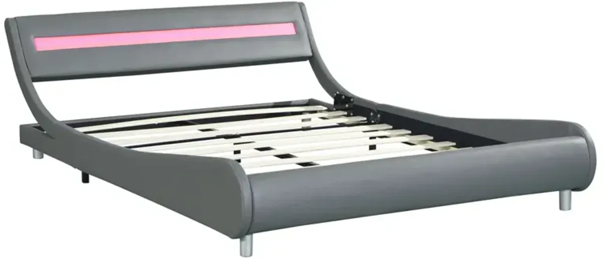 Queen Size Upholstered Platform Bed Frame With LED Lighting, Curve Design, Wood Slat Support, No Box Spring Needed - Gray