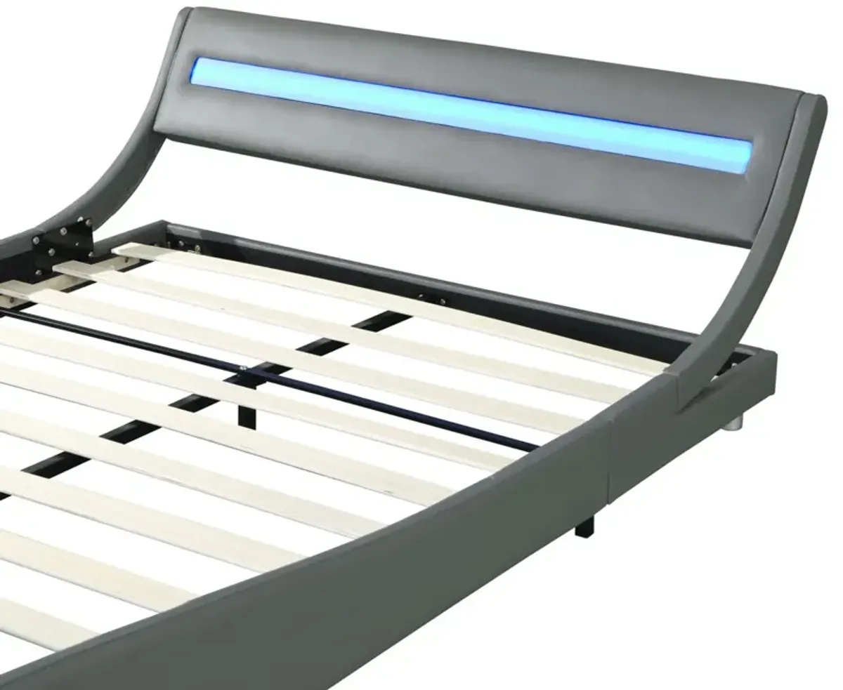 Queen Size Upholstered Platform Bed Frame With LED Lighting, Curve Design, Wood Slat Support, No Box Spring Needed - Gray