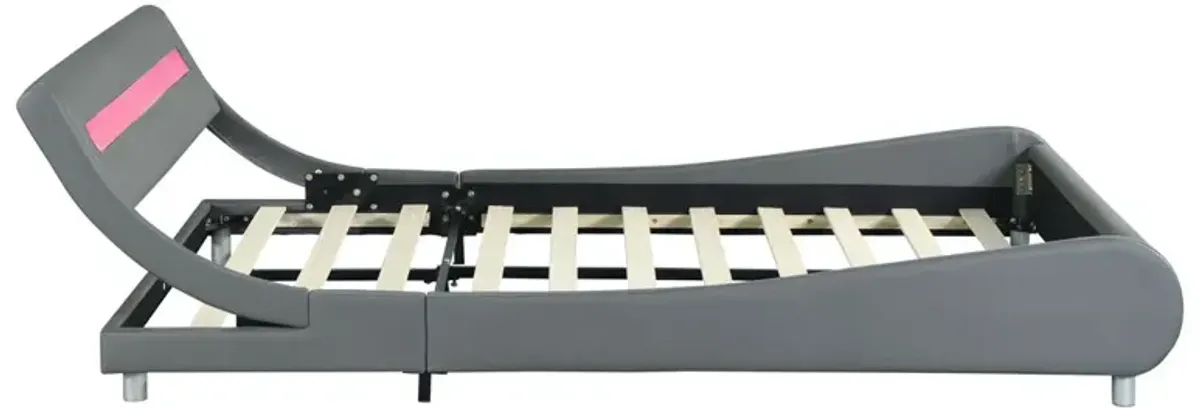 Queen Size Upholstered Platform Bed Frame With LED Lighting, Curve Design, Wood Slat Support, No Box Spring Needed - Gray