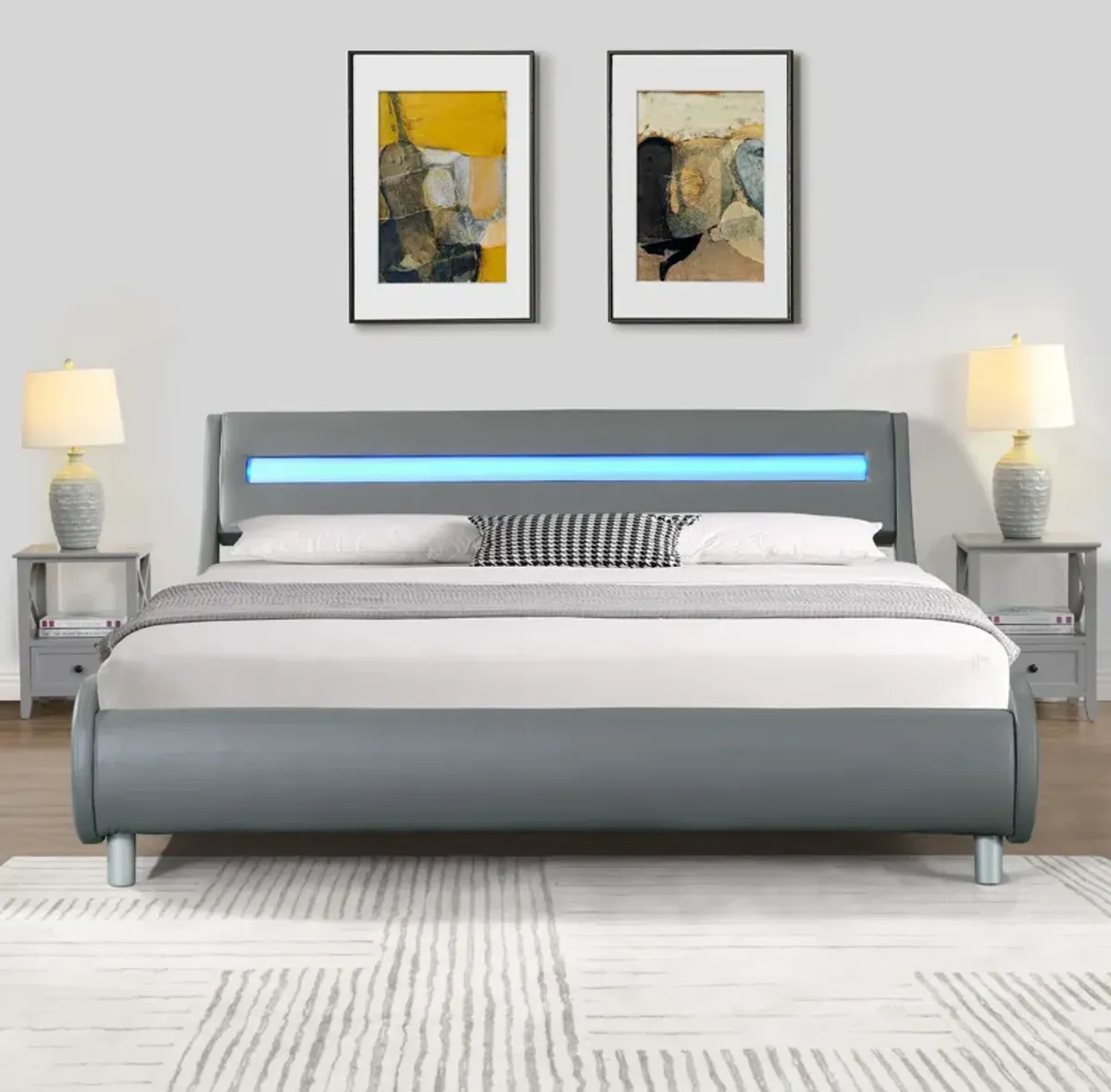 Queen Size Upholstered Platform Bed Frame With LED Lighting, Curve Design, Wood Slat Support, No Box Spring Needed - Gray