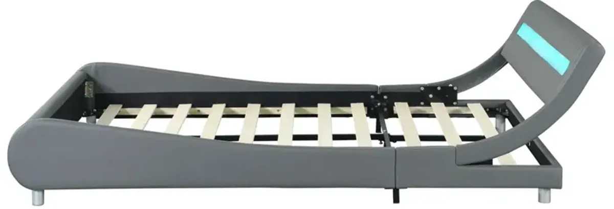 Queen Size Upholstered Platform Bed Frame With LED Lighting, Curve Design, Wood Slat Support, No Box Spring Needed - Gray