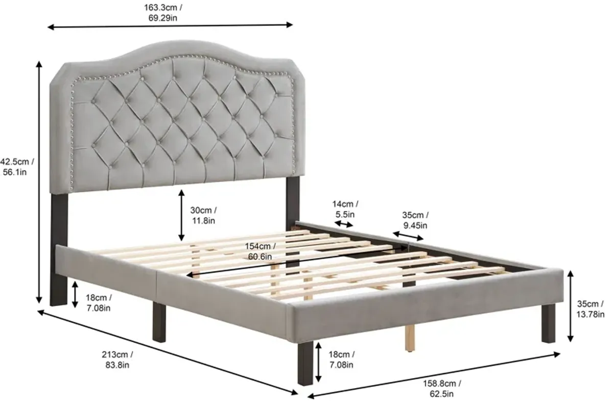 Queen Platform Upholstered Bed Button Tufted With Curve Design, Strong Wood Slat Support - Gray