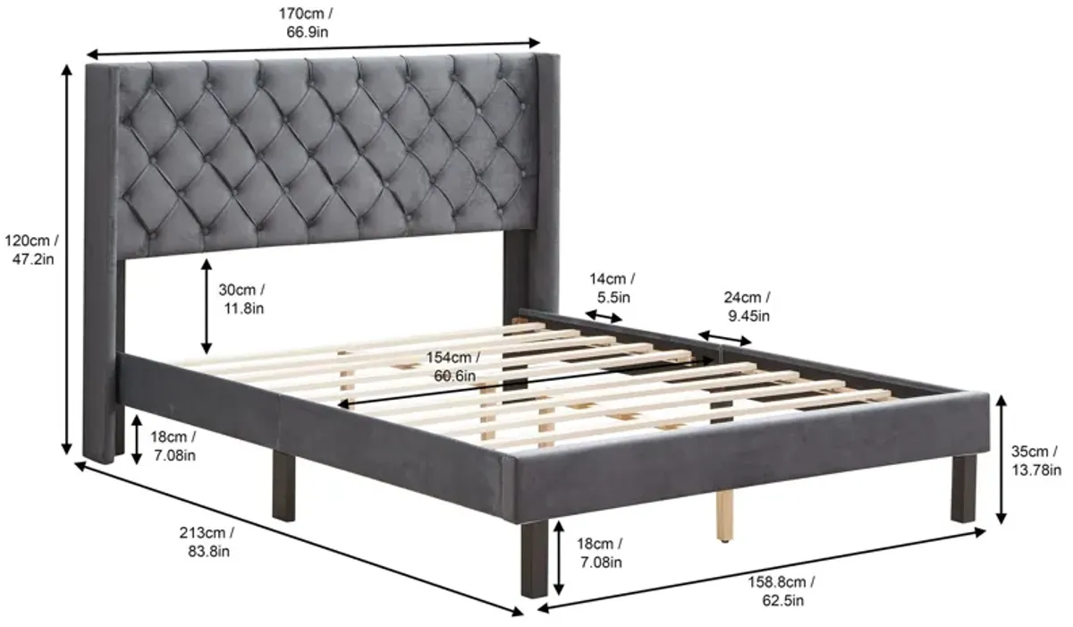 Queen Platform Tufted Upholstered Bed With Wings Design, Strong Wood Slat Support - Gray