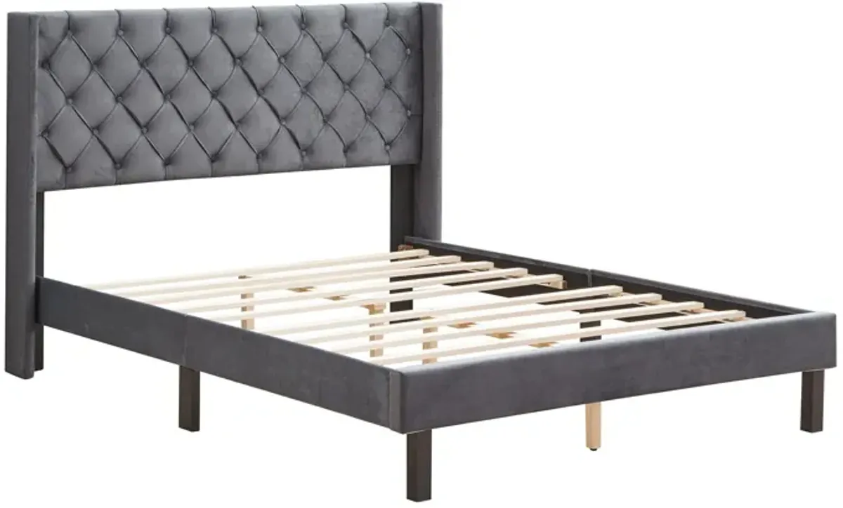 Queen Platform Tufted Upholstered Bed With Wings Design, Strong Wood Slat Support - Gray