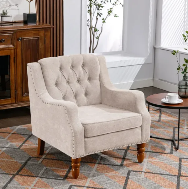 Accent Chair, Living Room Chair, Footrest Chair Set With Vintage Brass Studs, Button Tufted Upholstered Armchair For Living Room, Comfy Reading Chair For Bedroom, Reception Room