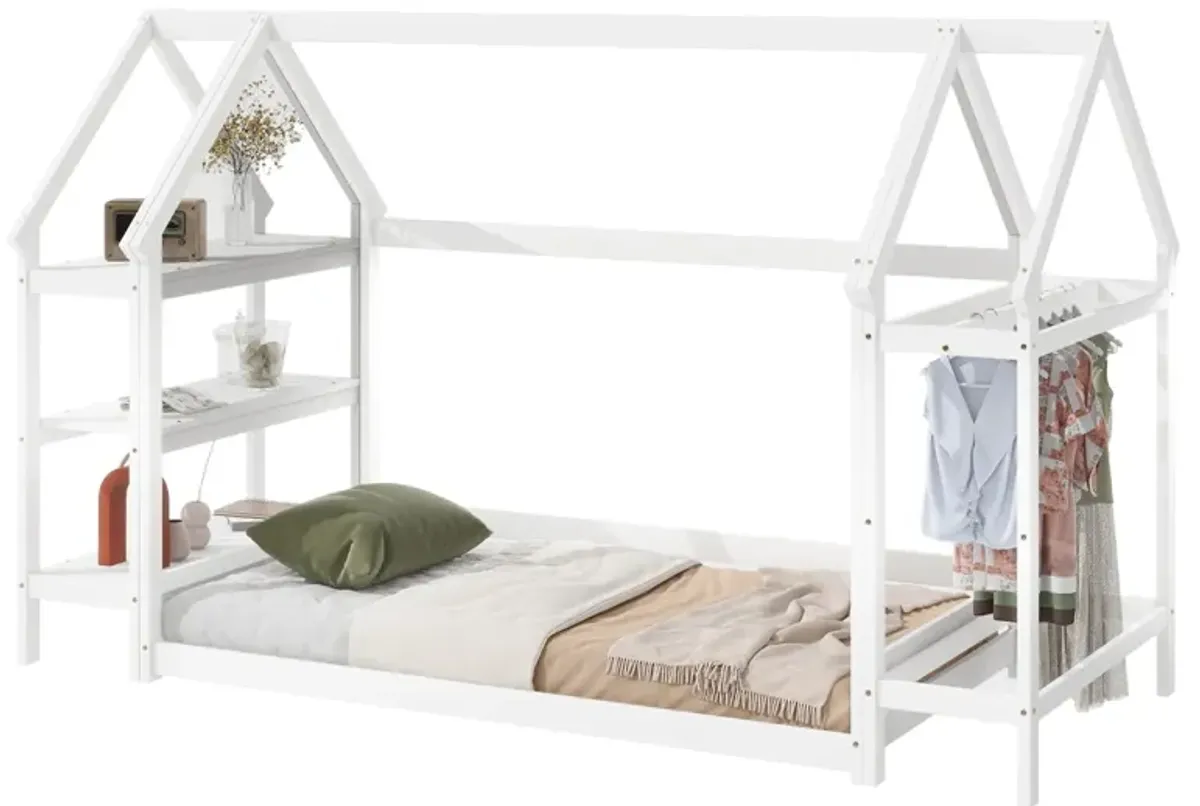 Wood House Bed With Storage Shelf And Hanger, Kids Bedroom Set