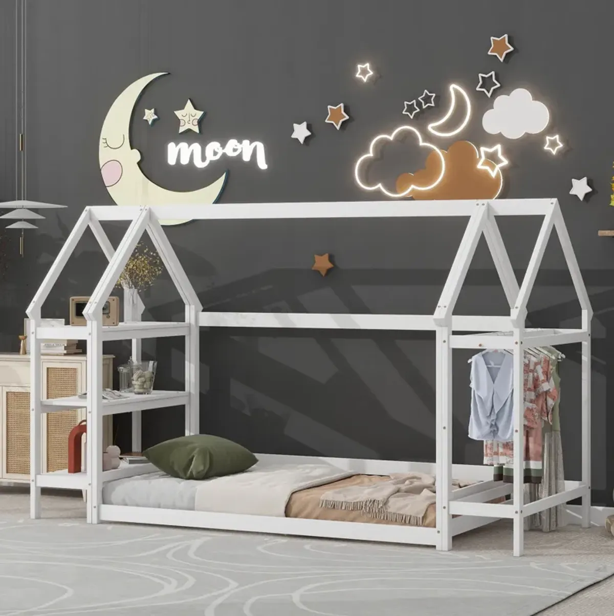 Wood House Bed With Storage Shelf And Hanger, Kids Bedroom Set