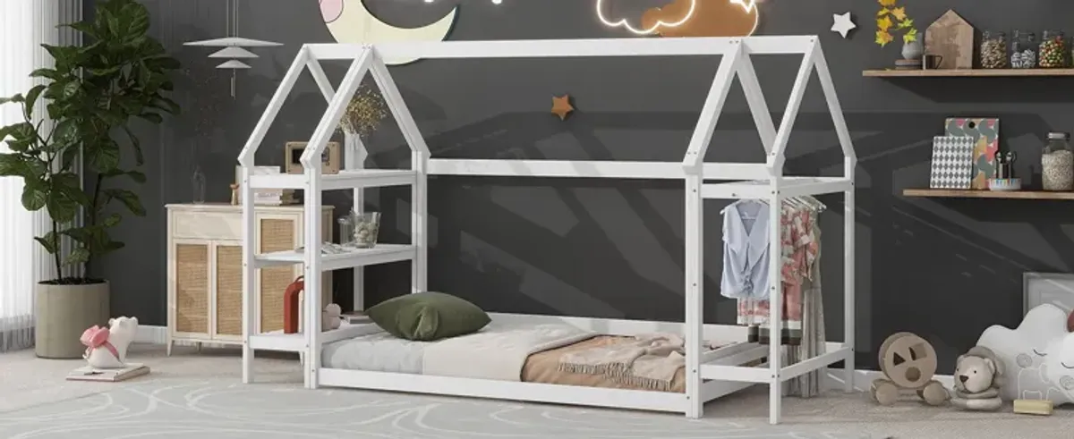 Wood House Bed With Storage Shelf And Hanger, Kids Bedroom Set