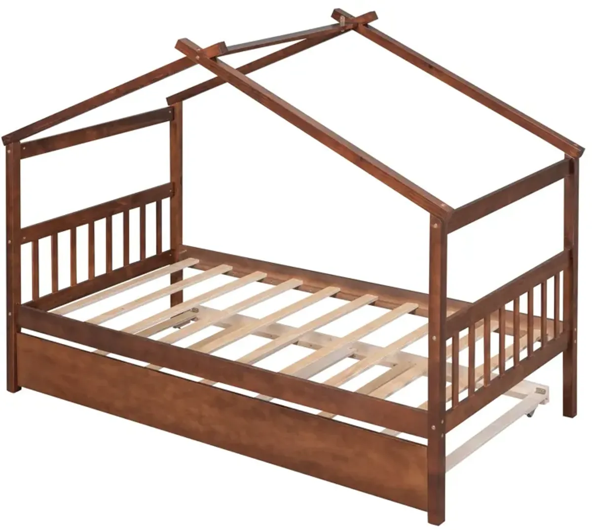 Wooden House Bed With Twin Size Trundle