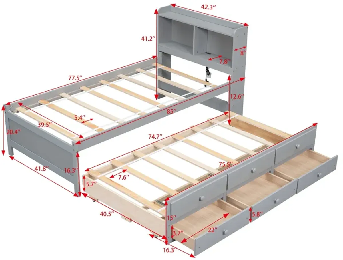 Bed With Built-In USB, Type-C Ports, LED Light, Bookcase Headboard, Trundle And 3 Storage Drawers, Bed With Bookcase Headboard, Trundle And Storage Drawers - Espresso