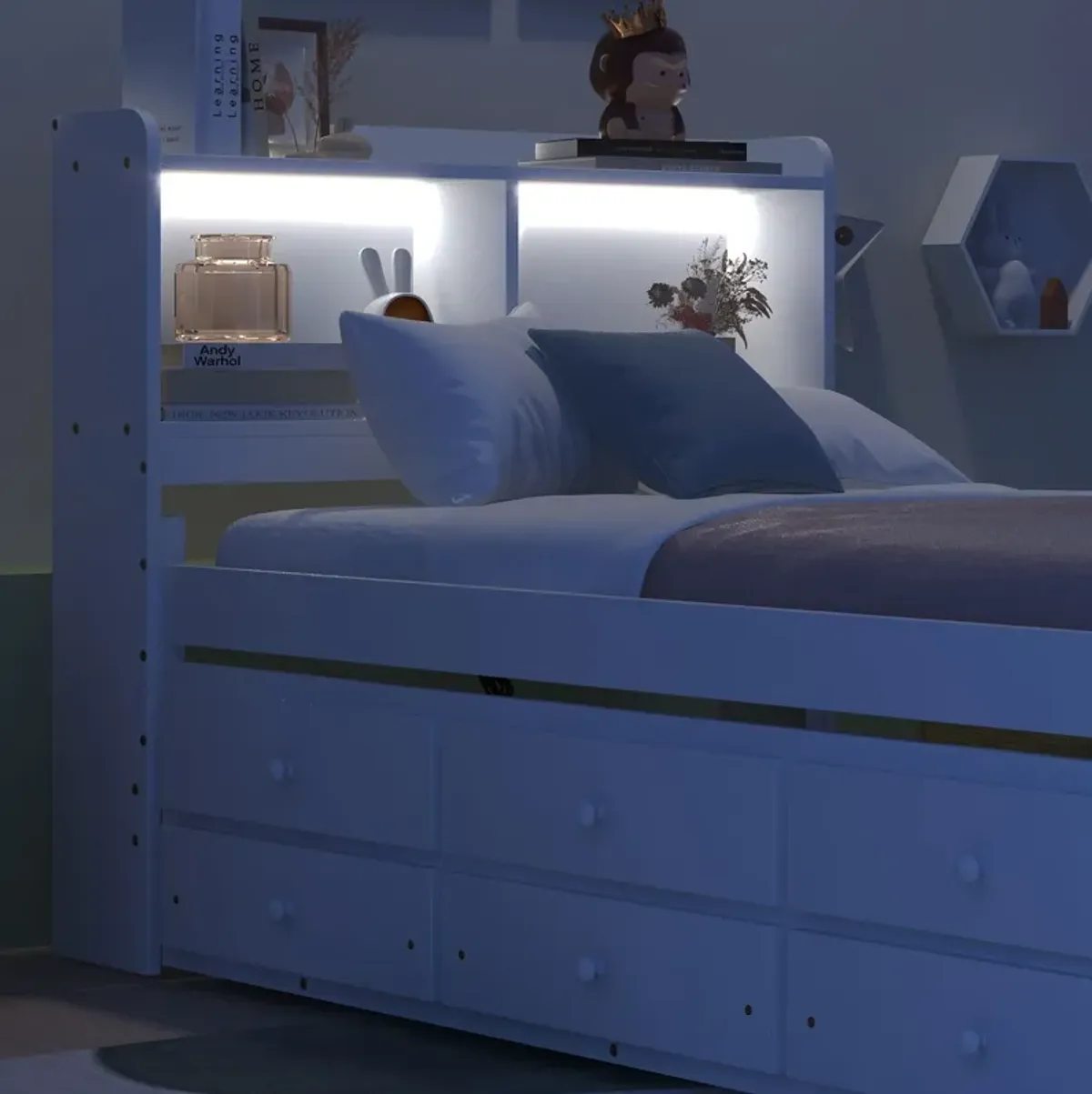 Bed With Built-In USB, Type-C Ports, LED Light, Bookcase Headboard, Trundle And 3 Storage Drawers, Bed With Bookcase Headboard, Trundle And Storage Drawers - Espresso