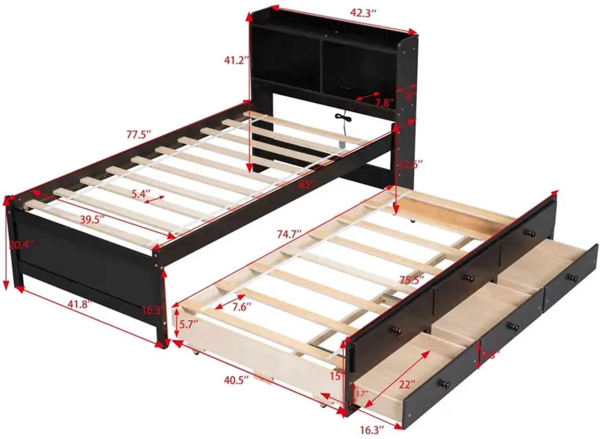 Bed With Built-In USB, Type-C Ports, LED Light, Bookcase Headboard, Trundle And 3 Storage Drawers, Bed With Bookcase Headboard, Trundle And Storage Drawers - Espresso