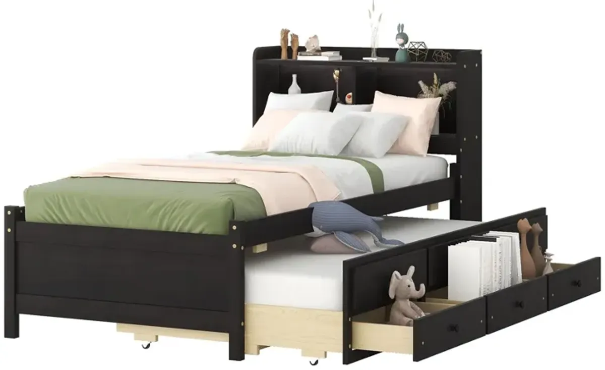 Bed With Built-In USB, Type-C Ports, LED Light, Bookcase Headboard, Trundle And 3 Storage Drawers, Bed With Bookcase Headboard, Trundle And Storage Drawers - Espresso