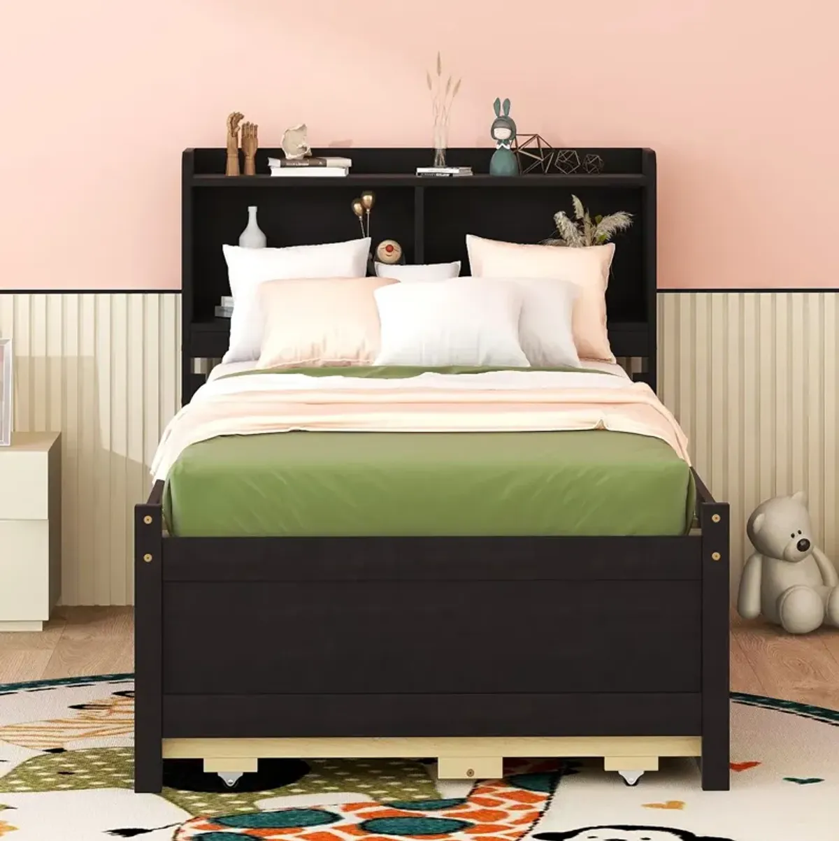 Bed With Built-In USB, Type-C Ports, LED Light, Bookcase Headboard, Trundle And 3 Storage Drawers, Bed With Bookcase Headboard, Trundle And Storage Drawers - Espresso