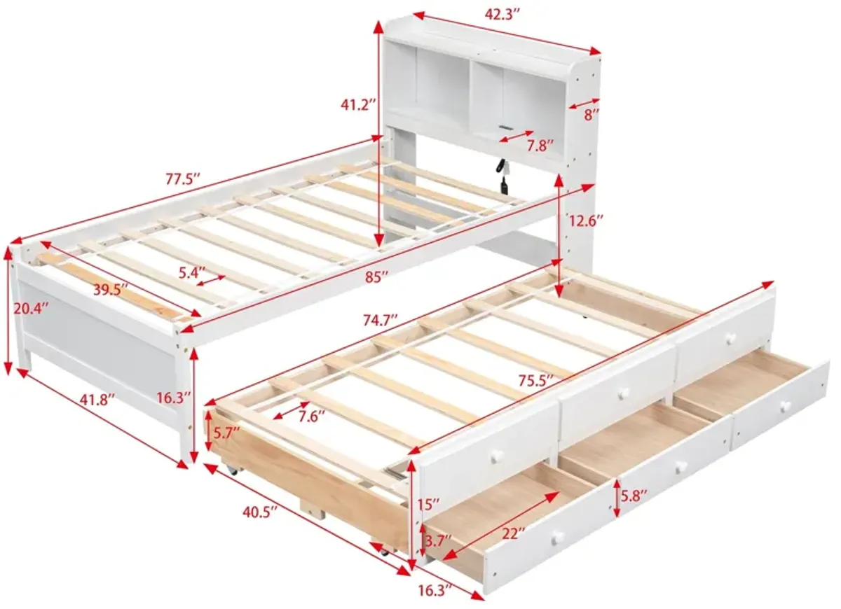 Bed With Built-In USB, Type-C Ports, LED Light, Bookcase Headboard, Trundle And 3 Storage Drawers, Bed With Bookcase Headboard, Trundle And Storage Drawers - Espresso