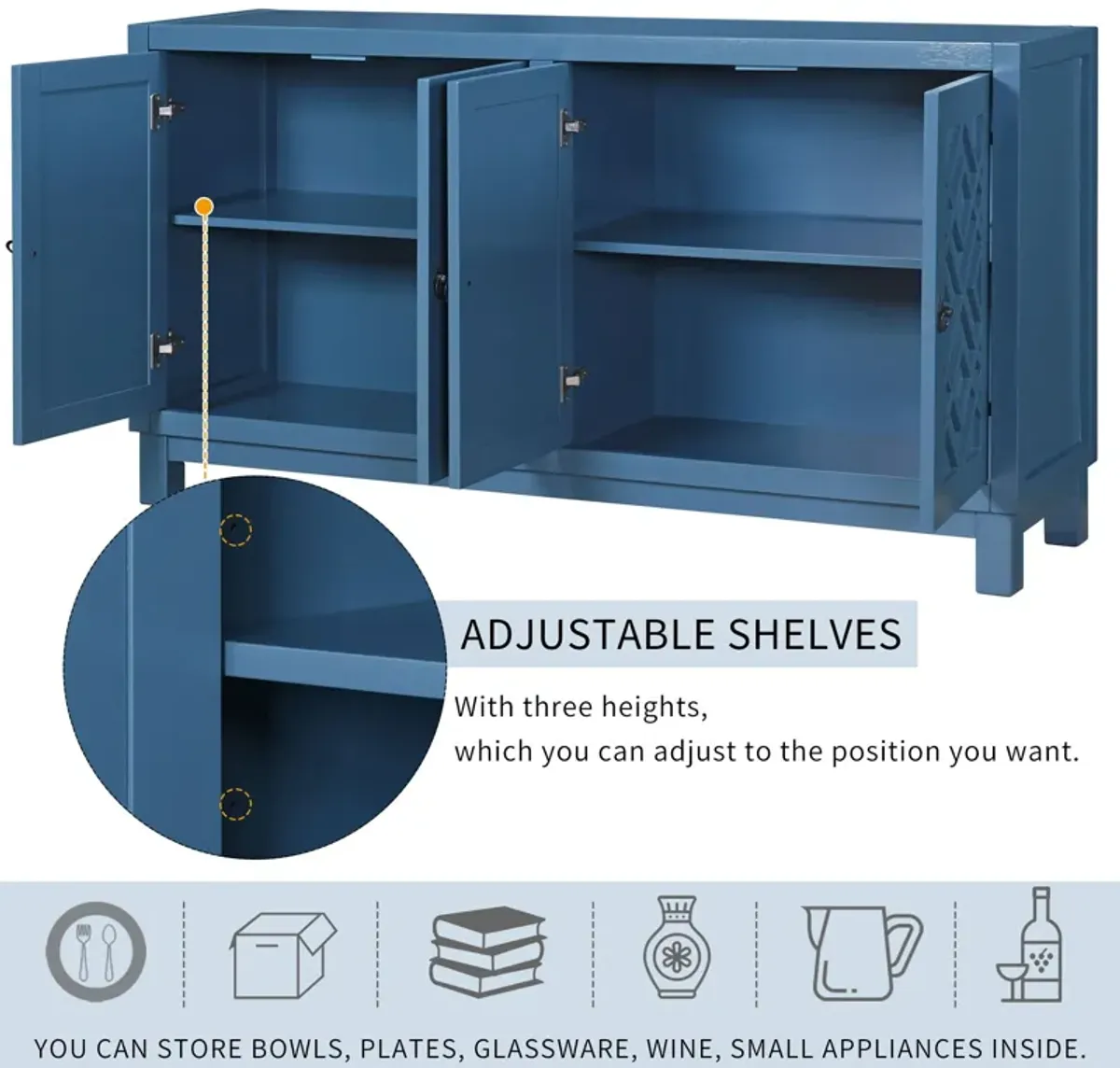 Large Storage Space Sideboard, 4 Door Buffet Cabinet With Pull Ring Handles For Living Room, Dining Room