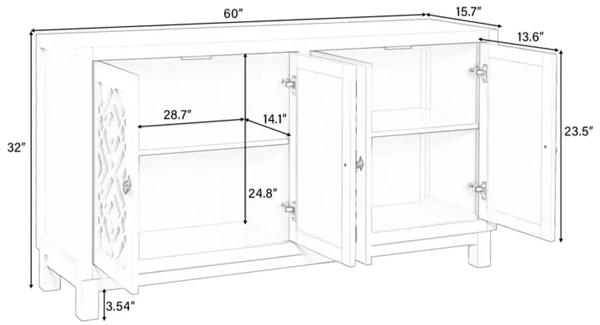 Large Storage Space Sideboard, 4 Door Buffet Cabinet With Pull Ring Handles For Living Room, Dining Room