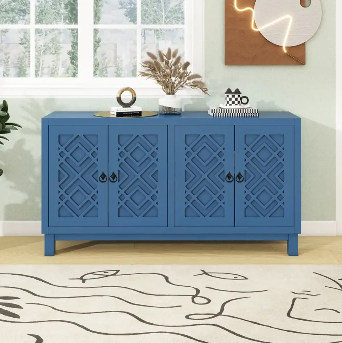 Large Storage Space Sideboard, 4 Door Buffet Cabinet With Pull Ring Handles For Living Room, Dining Room