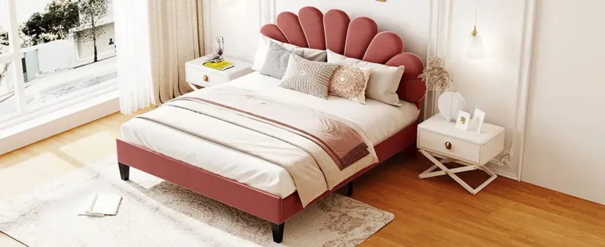 Upholstered Platform Bed With Flower Pattern Velvet Headboard