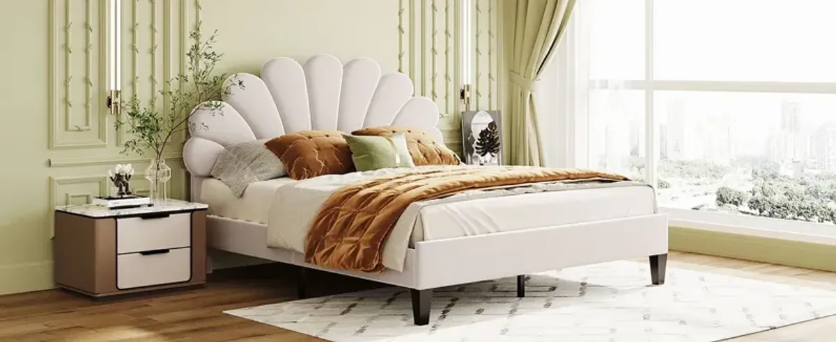 Upholstered Platform Bed With Flower Pattern Velvet Headboard