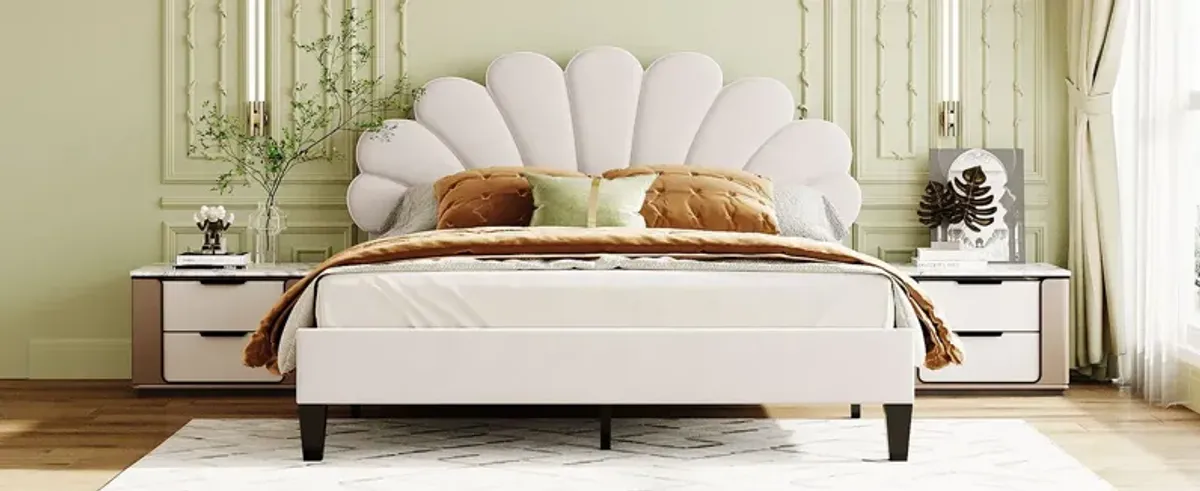 Upholstered Platform Bed With Flower Pattern Velvet Headboard