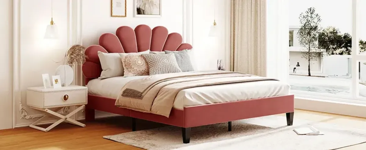 Upholstered Platform Bed With Flower Pattern Velvet Headboard