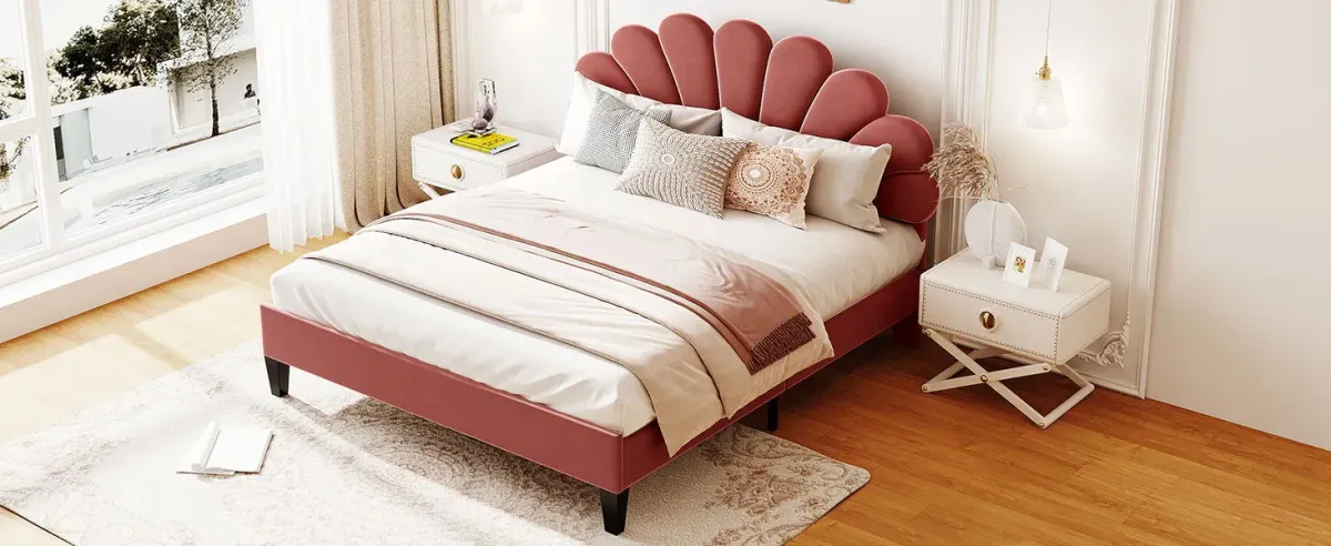 Upholstered Platform Bed With Flower Pattern Velvet Headboard