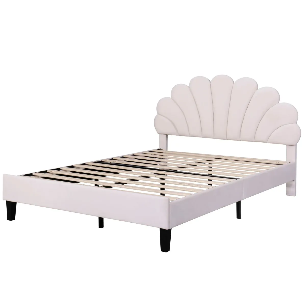 Upholstered Platform Bed With Flower Pattern Velvet Headboard